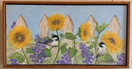 Sunflowers and Chicadee Bird Pair - Original oil, framed