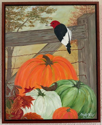 Fall Season Redheaded Woodpecker Bird - Original oil, framed