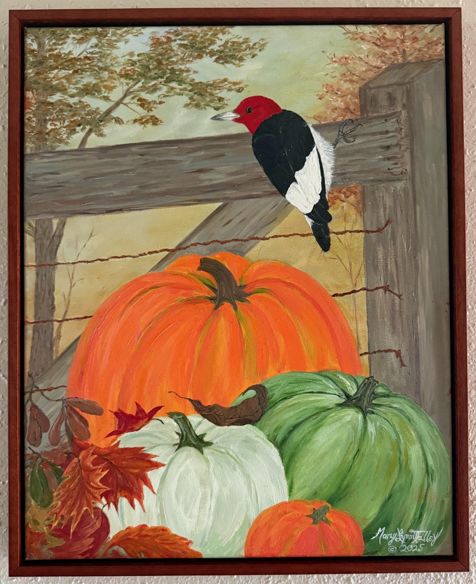 Fall Season Redheaded Woodpecker Bird - Original oil, framed